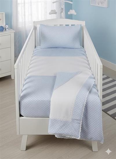 155- J SABANAS CUNA TOPOS Y ENCAJE AZUL